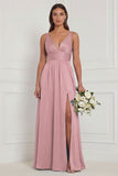 A Line V-Neck Blue White Flower Bridesmaid Dress with Slit