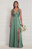 A Line V-Neck Blue White Flower Bridesmaid Dress with Slit