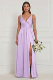 A Line V-Neck Blue White Flower Bridesmaid Dress with Slit