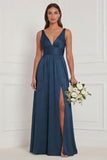 A Line V-Neck Blue White Flower Bridesmaid Dress with Slit