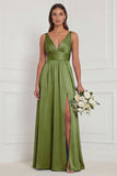 A Line V-Neck Blue White Flower Bridesmaid Dress with Slit