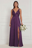 A Line V-Neck Blue White Flower Bridesmaid Dress with Slit