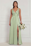 A Line V-Neck Blue White Flower Bridesmaid Dress with Slit