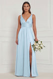 A Line V-Neck Blue White Flower Bridesmaid Dress with Slit