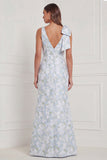 Blue White Flower Mermaid V-Neck Bridesmaid Dress with Slit
