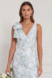Blue White Flower Mermaid V-Neck Bridesmaid Dress with Slit