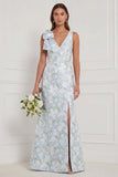 Blue White Flower Mermaid V-Neck Bridesmaid Dress with Slit