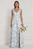 A Line Blue White Flower V-Neck Bridesmaid Dress with Slit