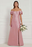 Pink Off the Shoulder Long Bridesmaid Dress with Slit
