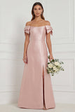 Pink Off the Shoulder Long Bridesmaid Dress with Slit