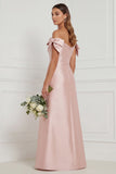 Pink Off the Shoulder Long Bridesmaid Dress with Slit