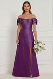 Pink Off the Shoulder Long Bridesmaid Dress with Slit