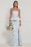 Mermaid Blue White Flower Strapless Bridesmaid Dress with Slit