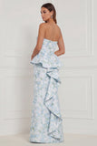 Mermaid Blue White Flower Strapless Bridesmaid Dress with Slit