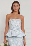 Mermaid Blue White Flower Strapless Bridesmaid Dress with Slit