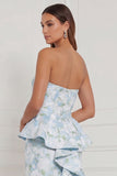 Mermaid Blue White Flower Strapless Bridesmaid Dress with Slit