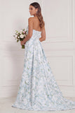 Blue White Flower Strapless Bridesmaid Dress