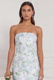 Blue White Flower Strapless Bridesmaid Dress