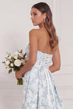 Blue White Flower Strapless Bridesmaid Dress