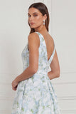 A Line Blue White Flower V-Neck High-Low Bridesmaid Dress