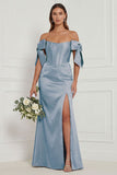 Blue Floral Off the Shoulder Bridesmaid Dress with Slit