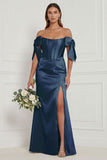 Blue Floral Off the Shoulder Bridesmaid Dress with Slit
