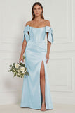 Blue Floral Off the Shoulder Bridesmaid Dress with Slit