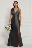 Blue White Flower Mermaid V-Neck Bridesmaid Dress with Slit