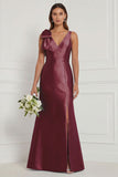 Blue White Flower Mermaid V-Neck Bridesmaid Dress with Slit