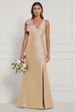 Blue White Flower Mermaid V-Neck Bridesmaid Dress with Slit