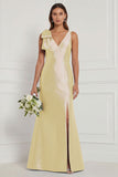 Blue White Flower Mermaid V-Neck Bridesmaid Dress with Slit