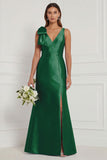 Blue White Flower Mermaid V-Neck Bridesmaid Dress with Slit