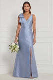 Blue White Flower Mermaid V-Neck Bridesmaid Dress with Slit