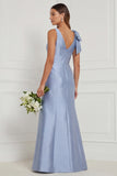 Blue White Flower Mermaid V-Neck Bridesmaid Dress with Slit