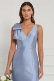 Blue White Flower Mermaid V-Neck Bridesmaid Dress with Slit