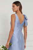 Blue White Flower Mermaid V-Neck Bridesmaid Dress with Slit