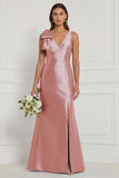 Blue White Flower Mermaid V-Neck Bridesmaid Dress with Slit