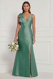 Blue White Flower Mermaid V-Neck Bridesmaid Dress with Slit