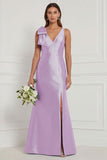 Blue White Flower Mermaid V-Neck Bridesmaid Dress with Slit