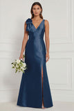 Blue White Flower Mermaid V-Neck Bridesmaid Dress with Slit