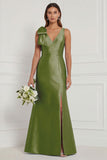 Blue White Flower Mermaid V-Neck Bridesmaid Dress with Slit