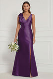 Blue White Flower Mermaid V-Neck Bridesmaid Dress with Slit