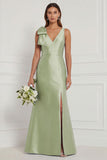 Blue White Flower Mermaid V-Neck Bridesmaid Dress with Slit