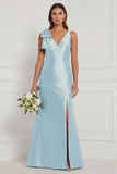Blue White Flower Mermaid V-Neck Bridesmaid Dress with Slit