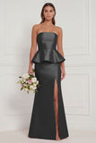 Mermaid Blue White Flower Strapless Bridesmaid Dress with Slit