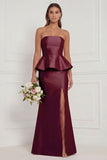 Mermaid Blue White Flower Strapless Bridesmaid Dress with Slit
