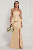 Mermaid Blue White Flower Strapless Bridesmaid Dress with Slit