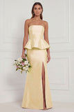 Mermaid Blue White Flower Strapless Bridesmaid Dress with Slit