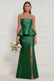 Mermaid Blue White Flower Strapless Bridesmaid Dress with Slit