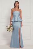 Mermaid Blue White Flower Strapless Bridesmaid Dress with Slit